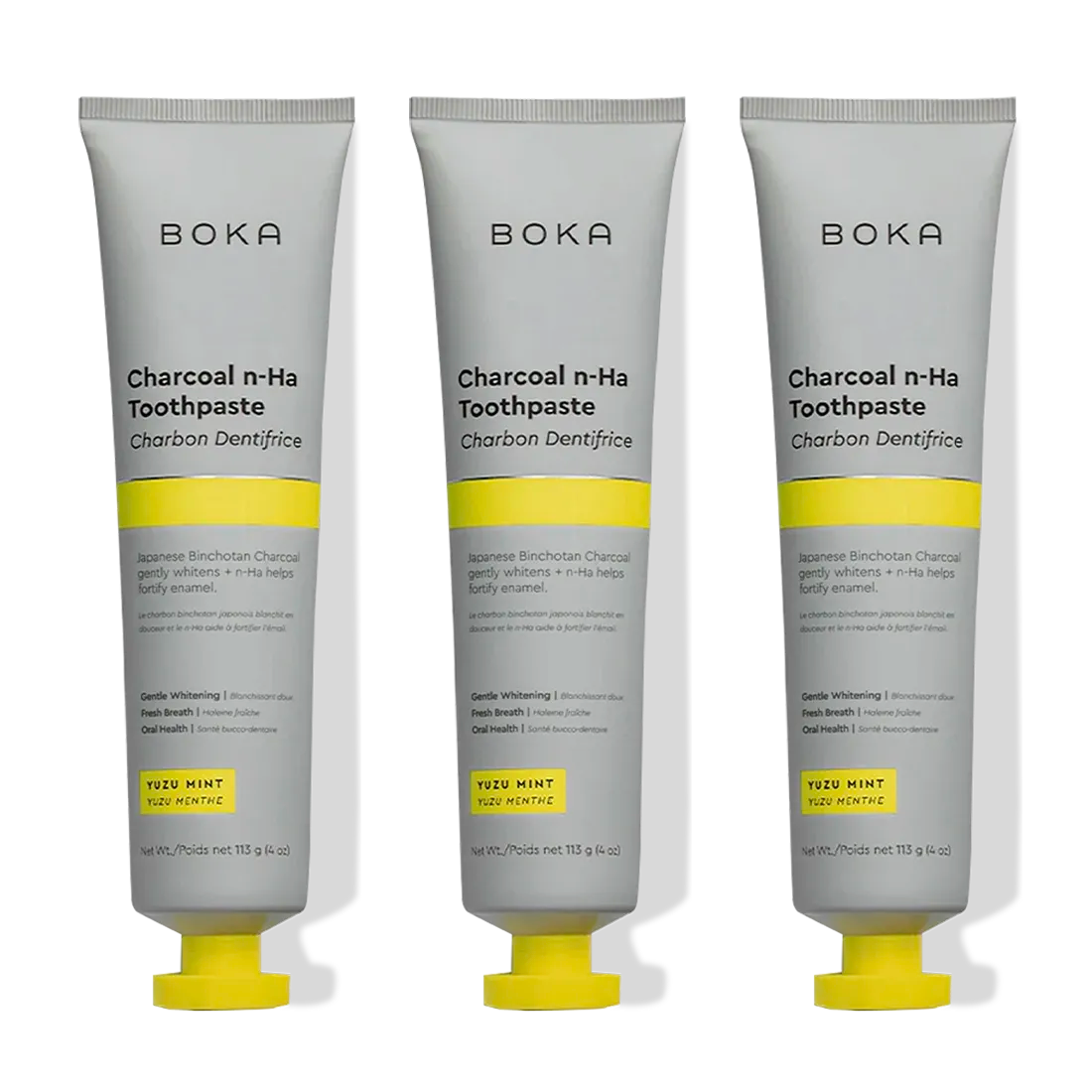 Three tubes of Charcoal Yuzu Mint Whitening n-Ha Toothpaste.