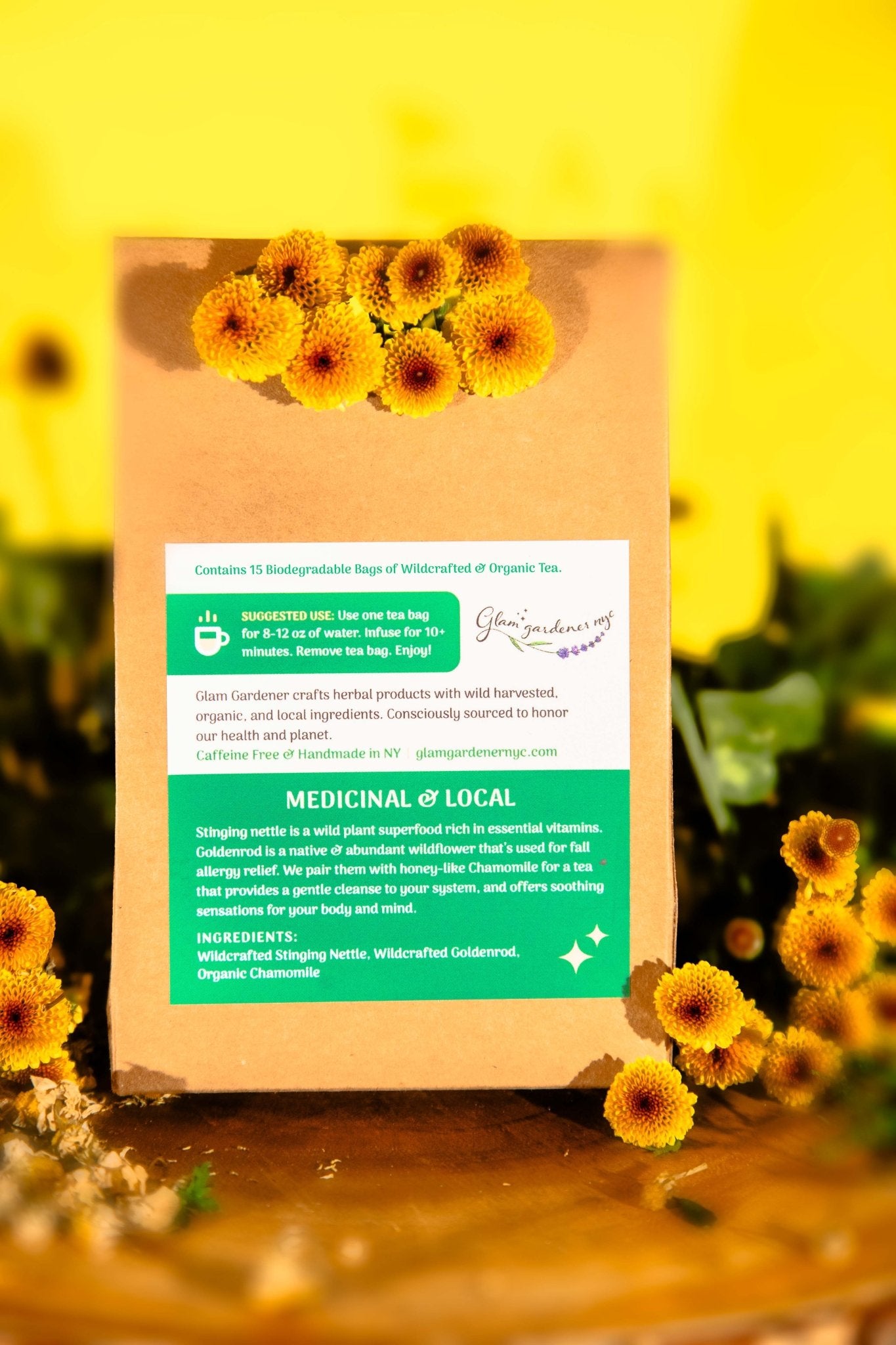 CLEANSE & RELIEF | Anti - inflammatory, nervine & allergy support • Pre - bagged herbal tea with Goldenrod, Stinging nettle, and Chamomile • 100% Wildcrafted & organic - Vegan America