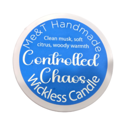 Controlled Chaos image of a round blue label on a white lid