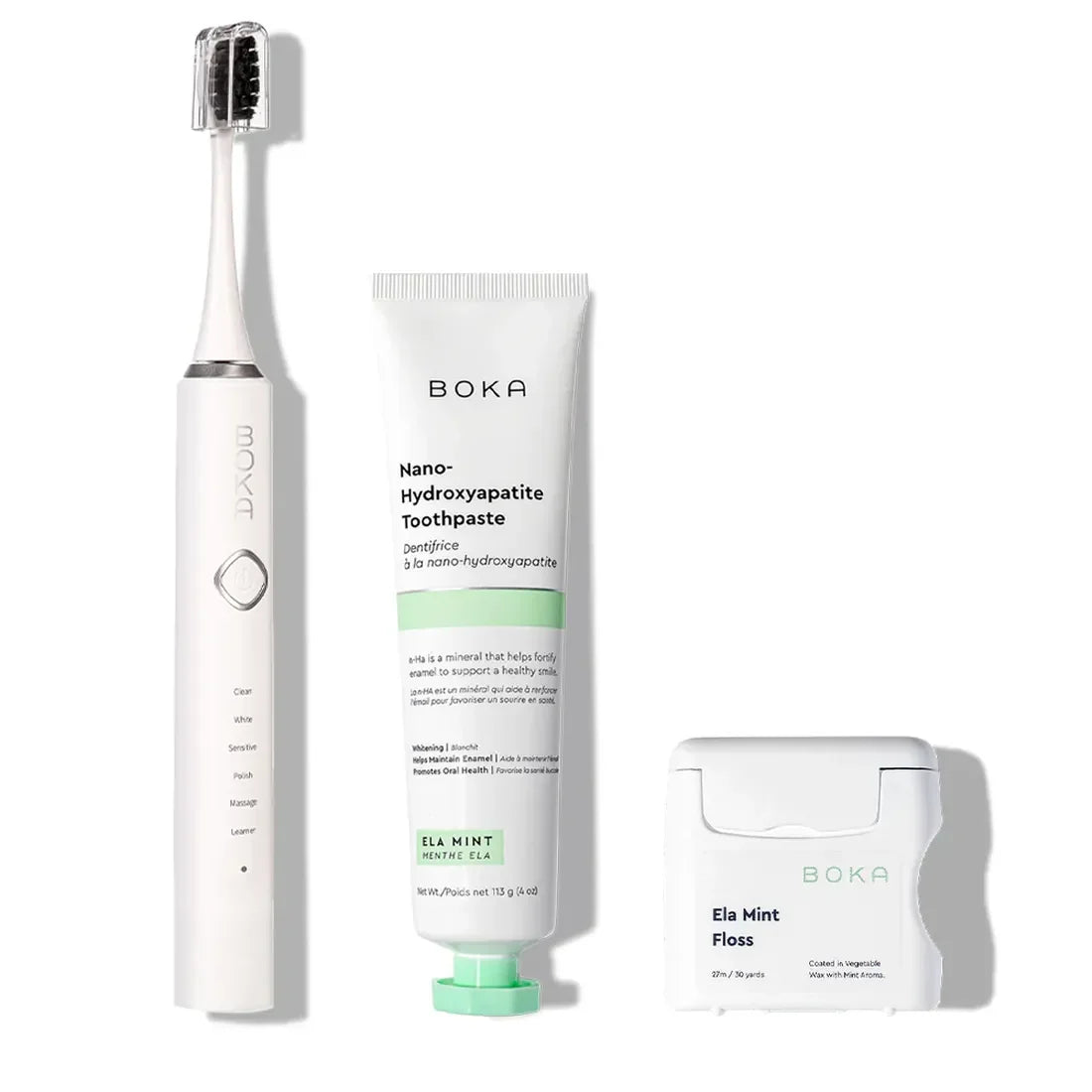 3.0 Boka Kit: includes toothbrush, toothpaste, and floss for premium teeth and gum care.