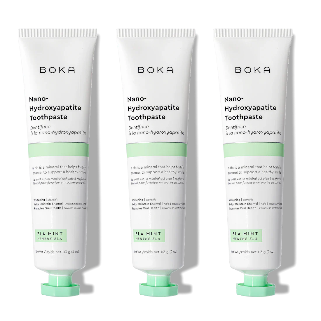 Three tubes of Ela Mint n-Ha Toothpaste, fluoride-free with nano-hydroxyapatite for oral health.