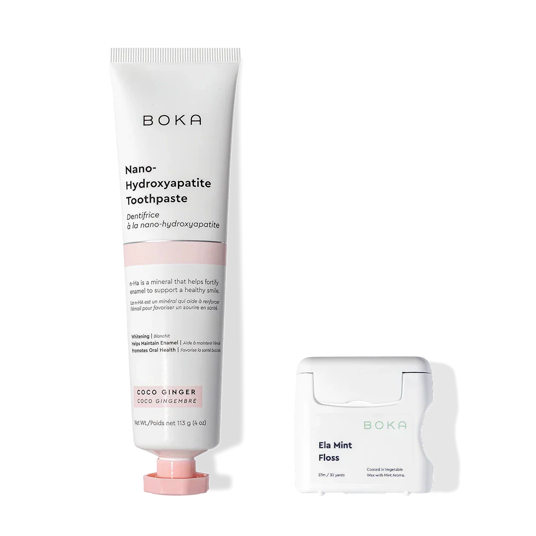 Essentials Duo toothpaste and floss to remineralize teeth, shown against a white background.