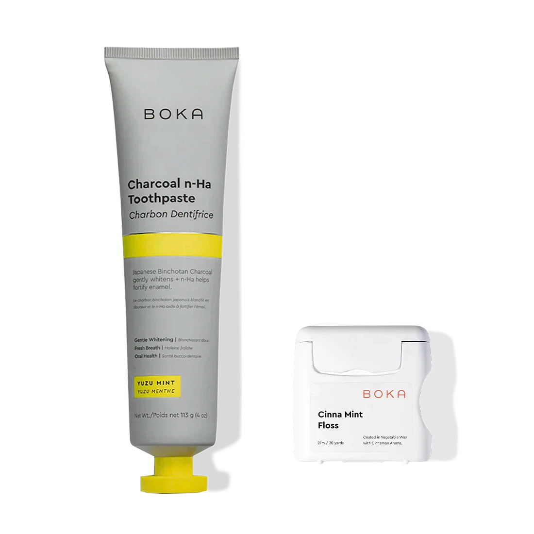 The Essentials Duo includes n-Ha Toothpaste to remineralize teeth and Cinna Mint Floss.