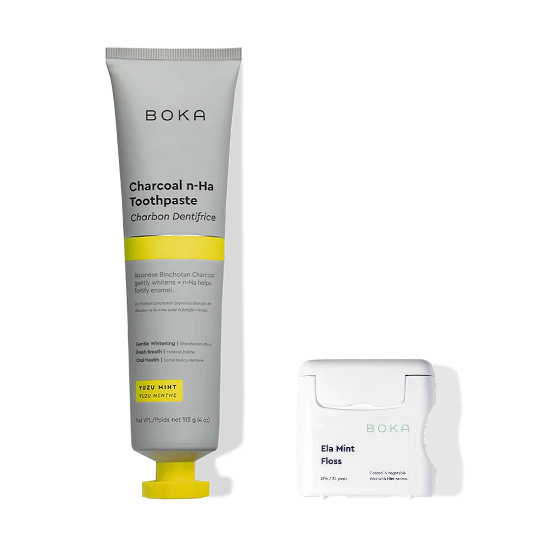 Essentials Duo toothpaste and floss set for enamel fortification, shown on a white background.
