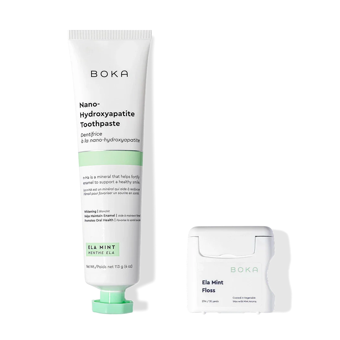 Essentials Duo toothpaste and floss set for enamel fortification, displayed on a white background.