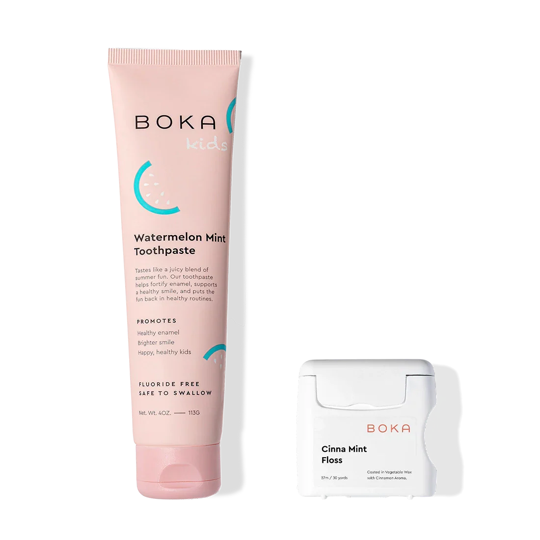 Essentials Duo: Kids Watermelon Mint Toothpaste & Cinna Mint Floss on a white background.