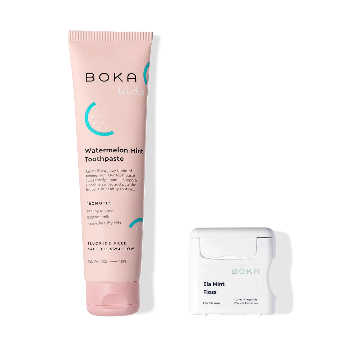 Essentials Duo: Nano-hydroxyapatite toothpaste and Boka Ela Mint Floss for enamel fortification.