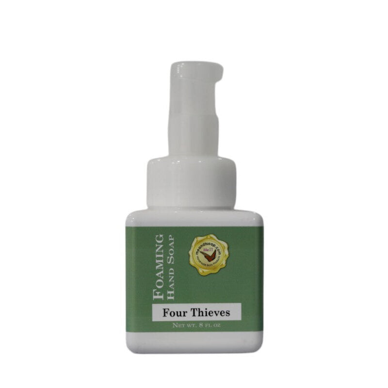 Four Thieves Foaming Hand Soap in a square, white bottle with a sage green label