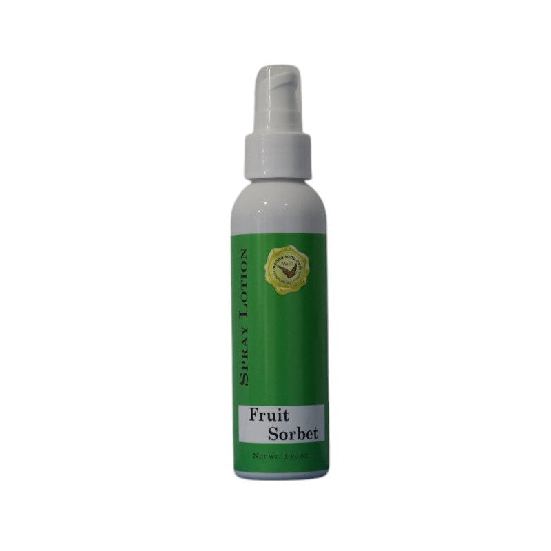 Fruit Sorbet Spray Lotion in a white bottle with a green label