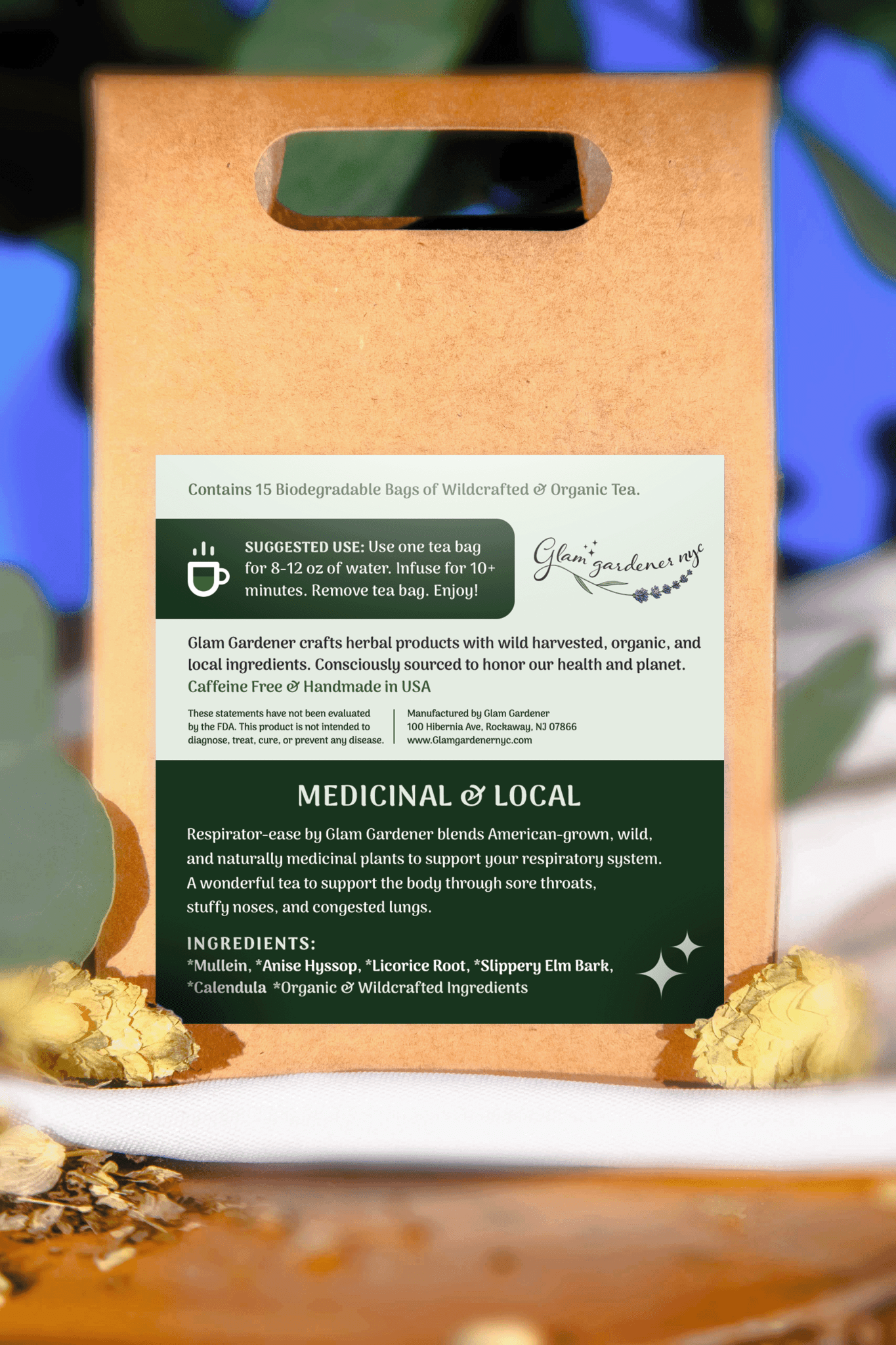 RESPIRATOR - EASE • Pre - bagged herbal tea for Respiratory support with American - grown & organic Mullein, Licorice root, Anise Hyssop, Slippery Elm and Calendula - Vegan America