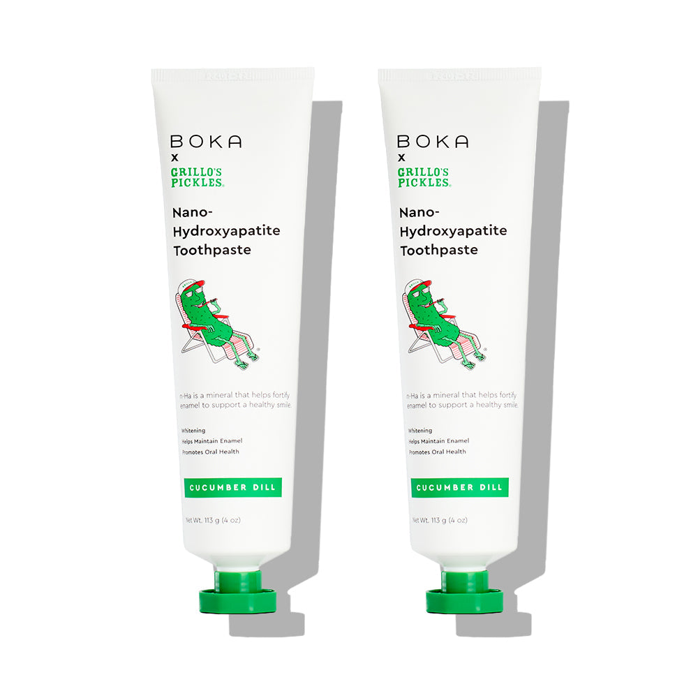 Two tubes of Boka x Grillo’s Pickles Cucumber Dill n-Ha Toothpaste boost dental health.