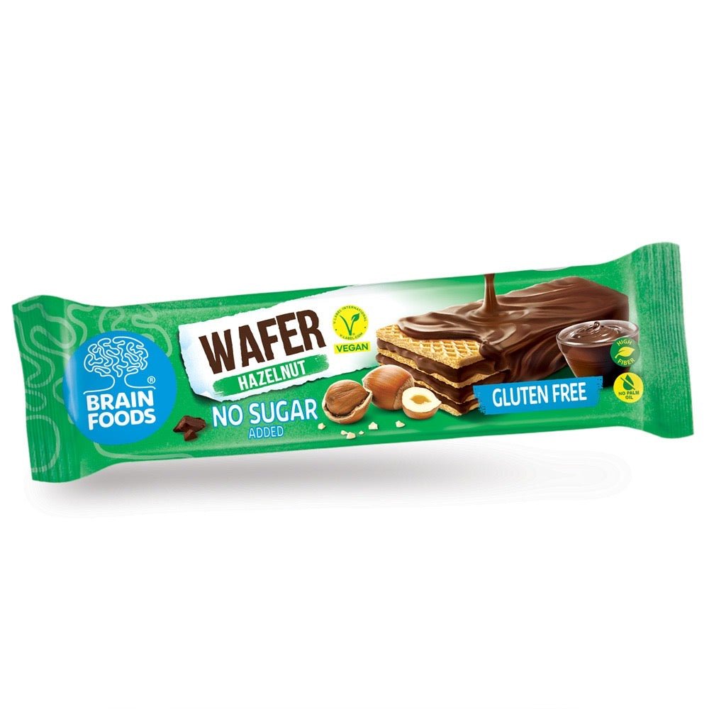 BRAIN FOODS Hazelnut Chocolate Gluten Free Vegan Wafer, Box of 12 - Vegan America