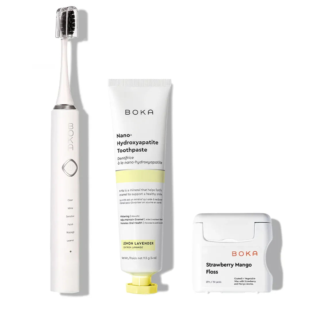 3.0 Boka Kit: includes electric toothbrush, toothpaste, and floss for premium oral care.