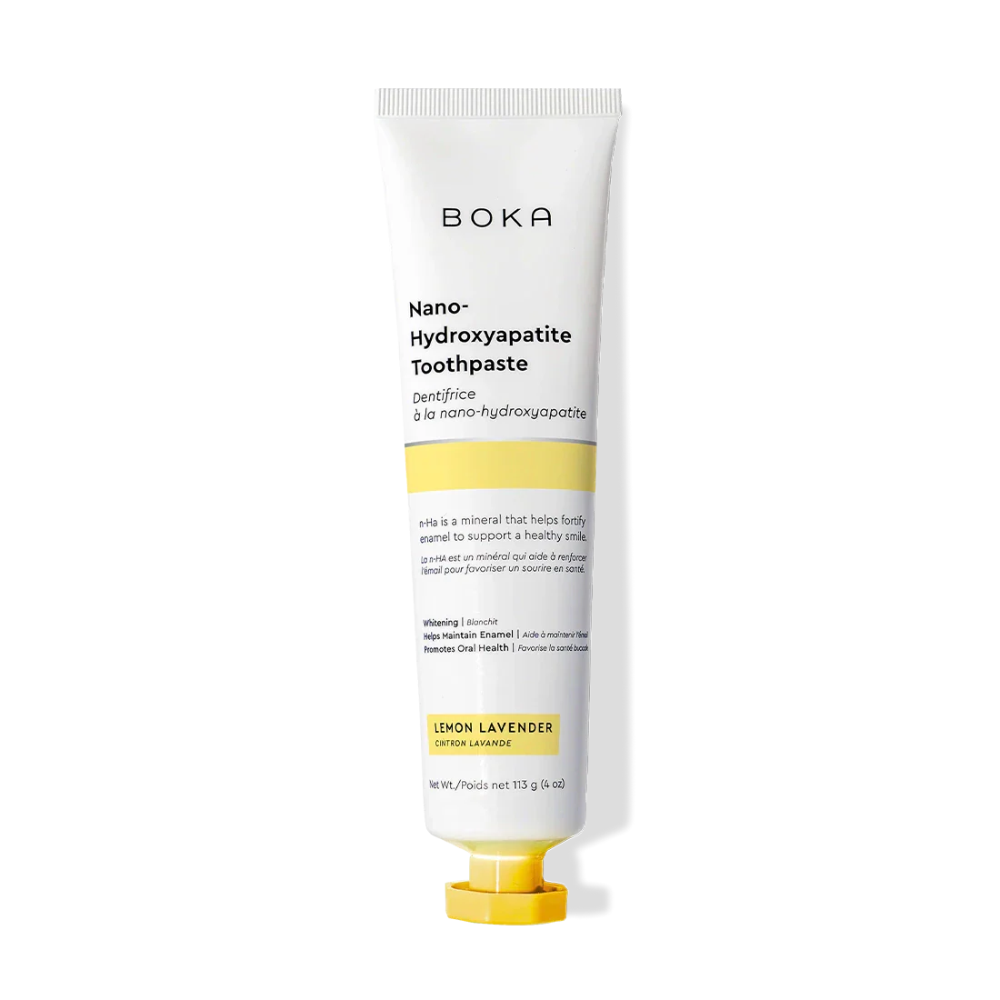 A tube of Lemon Lavender n-Ha Toothpaste to remineralize teeth on a black background.