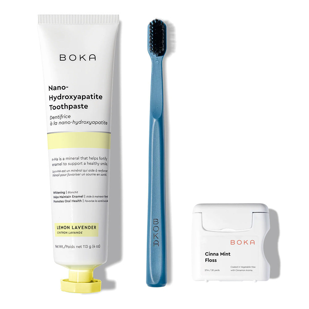 The Classic Kit includes nano-hydroxyapatite toothpaste, a blue toothbrush, and teflon-free floss.
