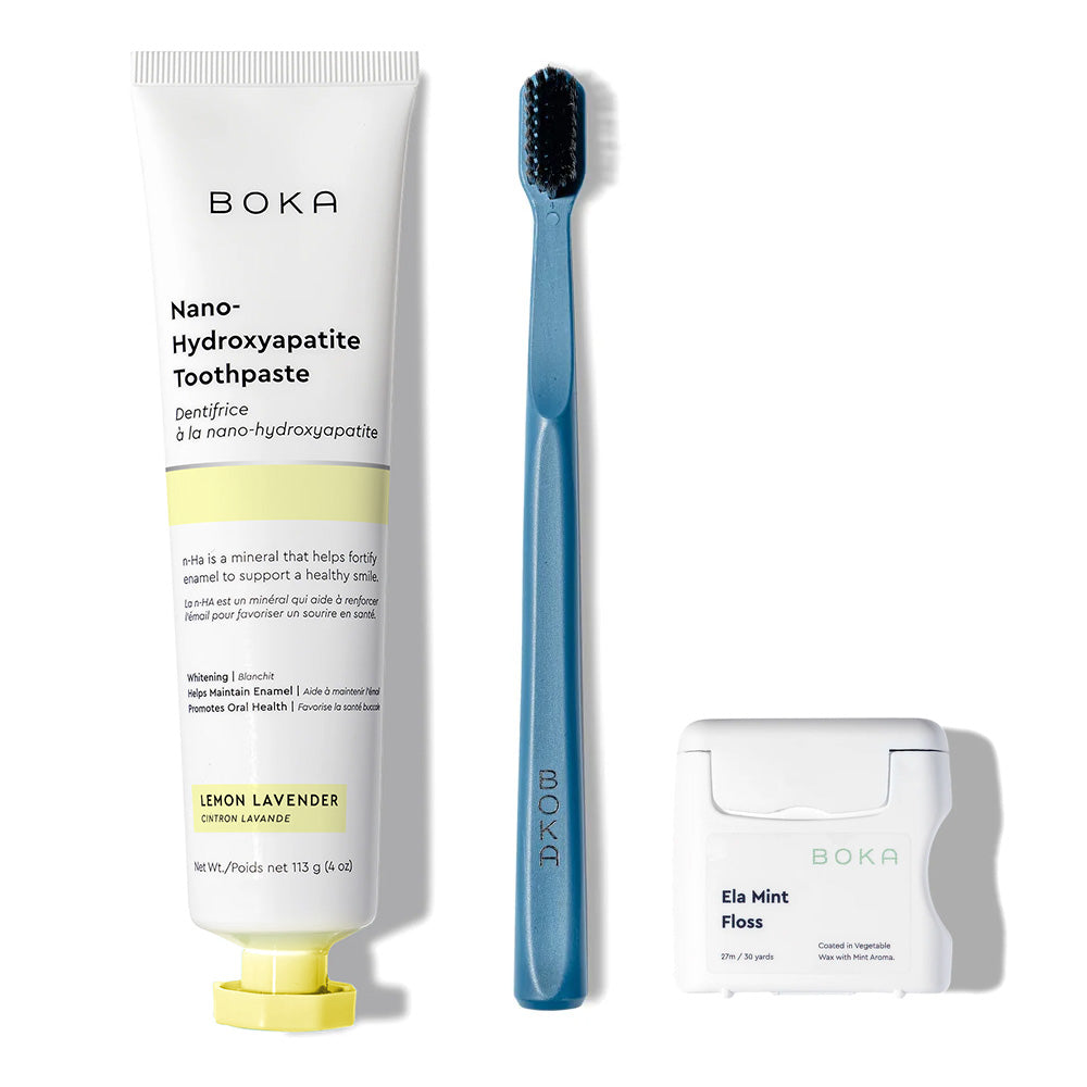 Classic Kit: nano-hydroxyapatite toothpaste, blue charcoal toothbrush, and teflon-free floss.