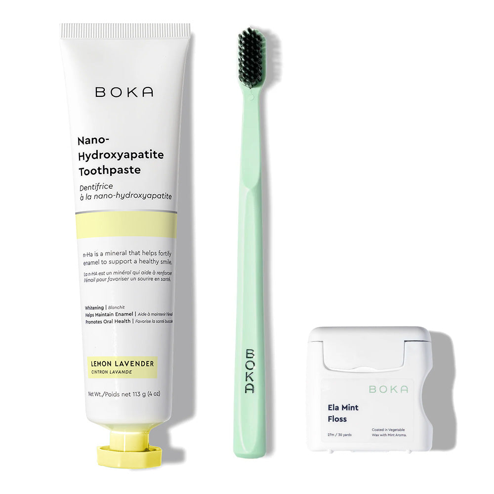 The Classic Kit includes nano-hydroxyapatite toothpaste, a charcoal brush, and teflon-free floss.