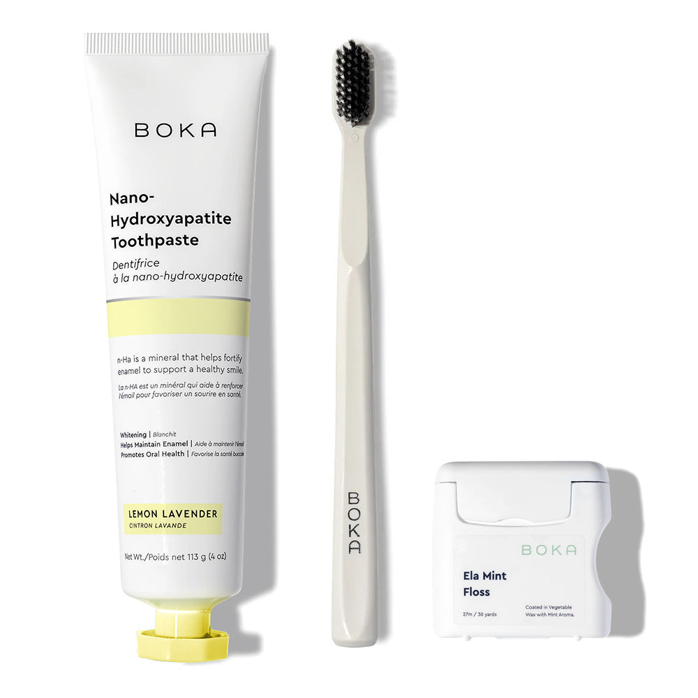 Boka Classic Kit: nano-hydroxyapatite toothpaste, teflon-free floss & charcoal bristle toothbrush.