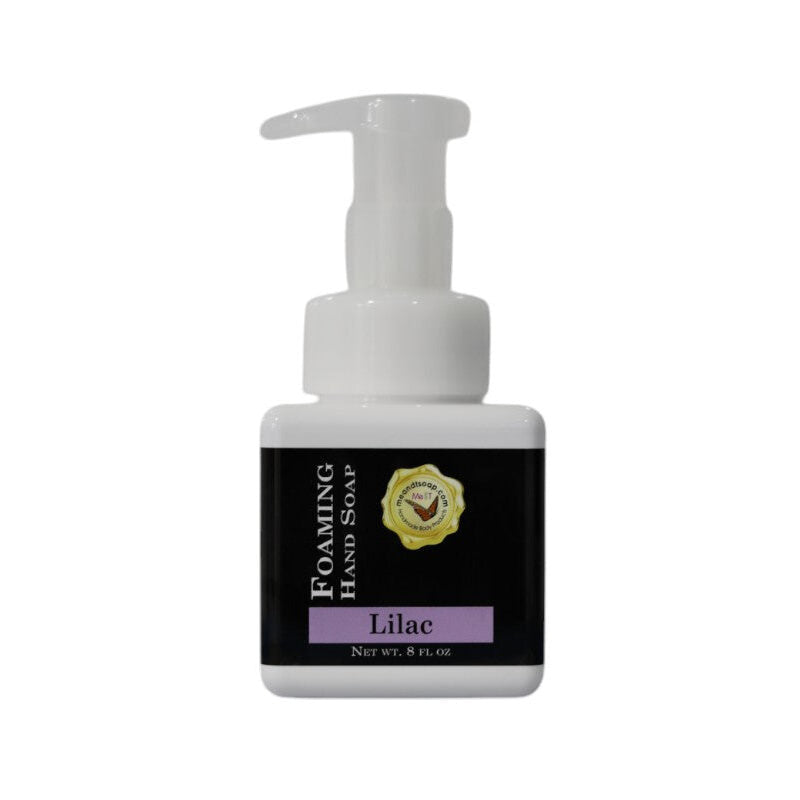 Lilac Foaming Hand Soap in a square, white bottle with a black label and a purple fragrance indicator