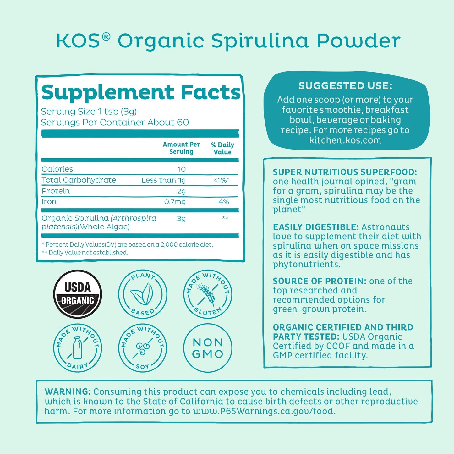 Organic Spirulina Powder, 60 Servings