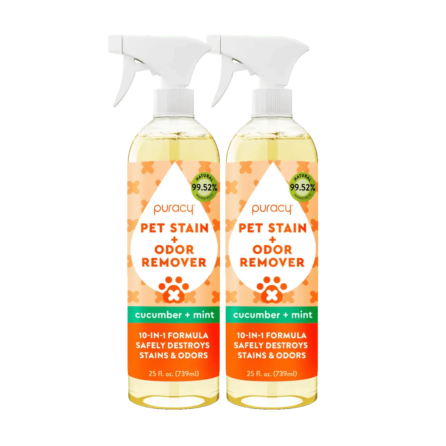 Two bottles of Pet Stain & Odor Remover, enzyme-powered, cucumber mint scent, with spray nozzles.