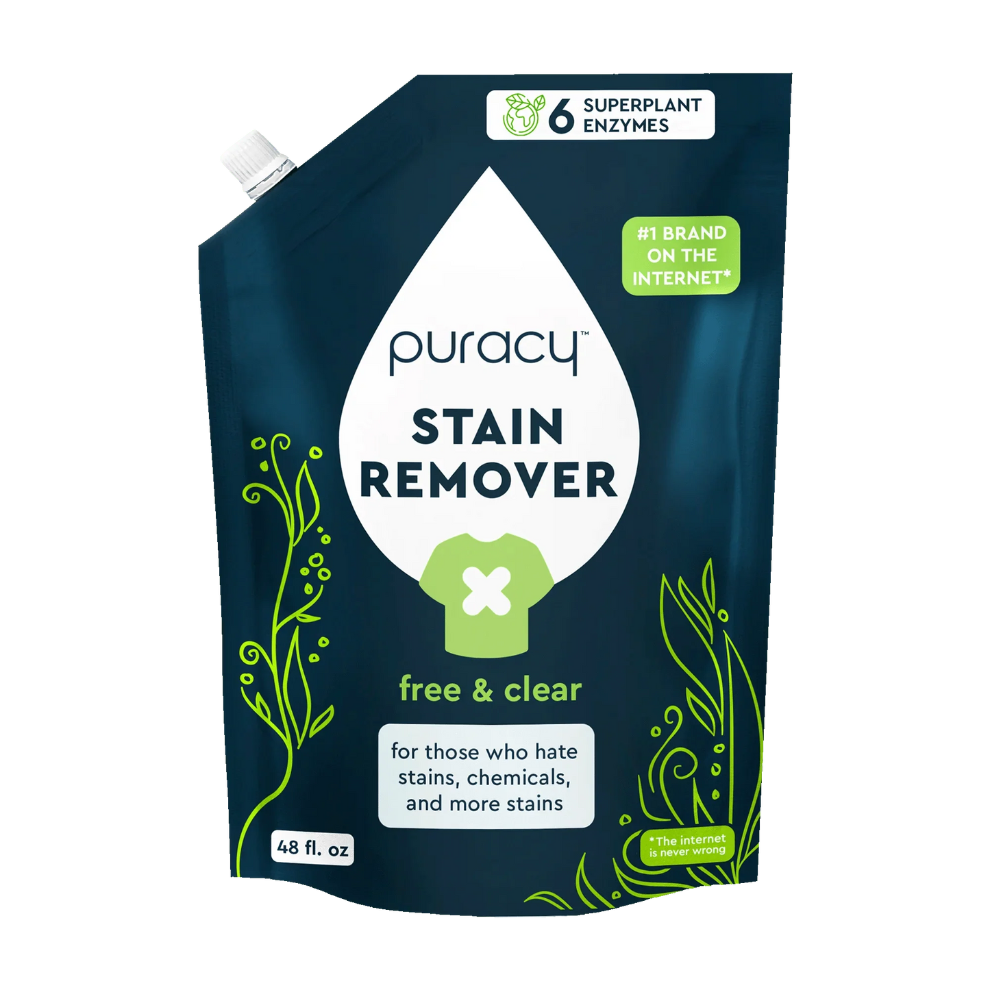 Puracy Laundry Stain Remover pouch: hypoallergenic with green design and superplant enzymes.