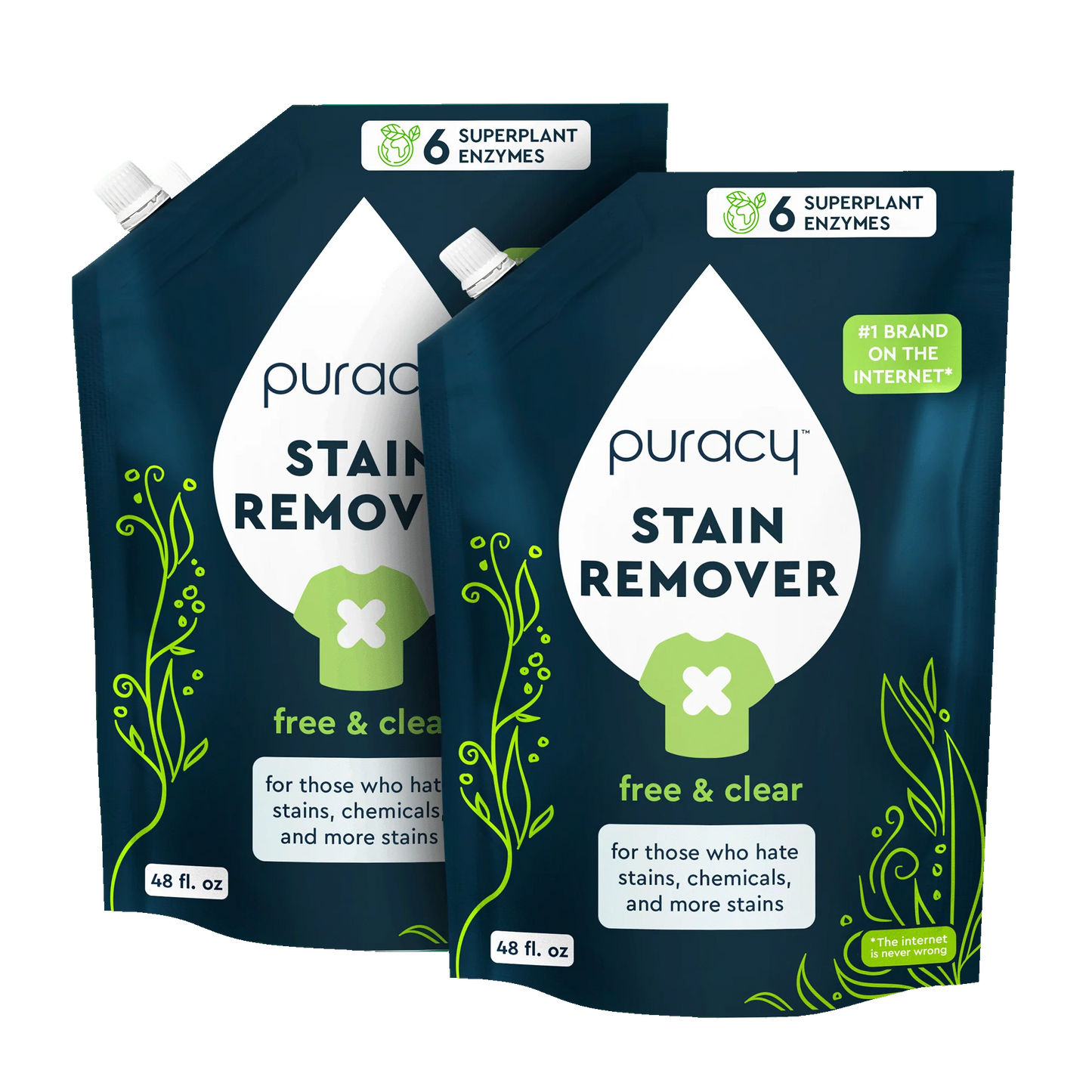 Two 48 fl. oz. pouches of Puracy Laundry Stain Remover with plant-based formula and green/white design.
