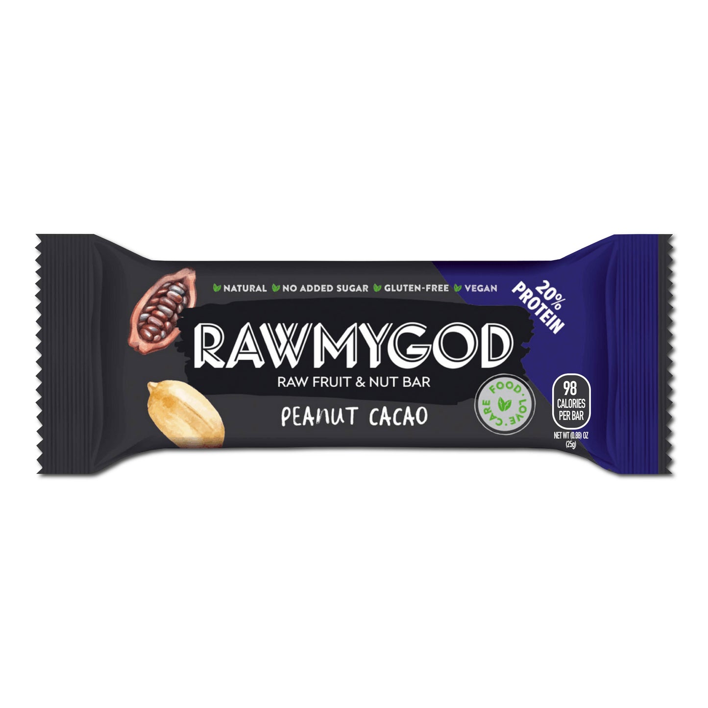 RAWMYGOD Peanut & Cacao Raw Fruit & Nut Bar, Box of 20