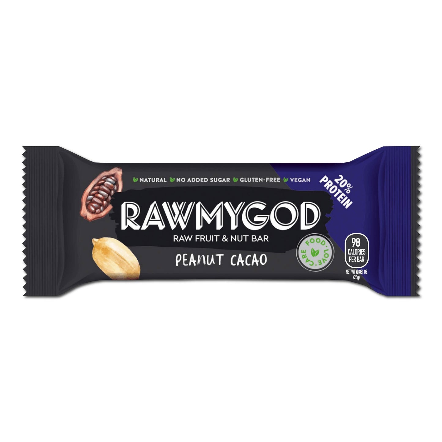 RAWMYGOD Peanut & Cacao Raw Fruit & Nut Bar, Box of 20 - Vegan America
