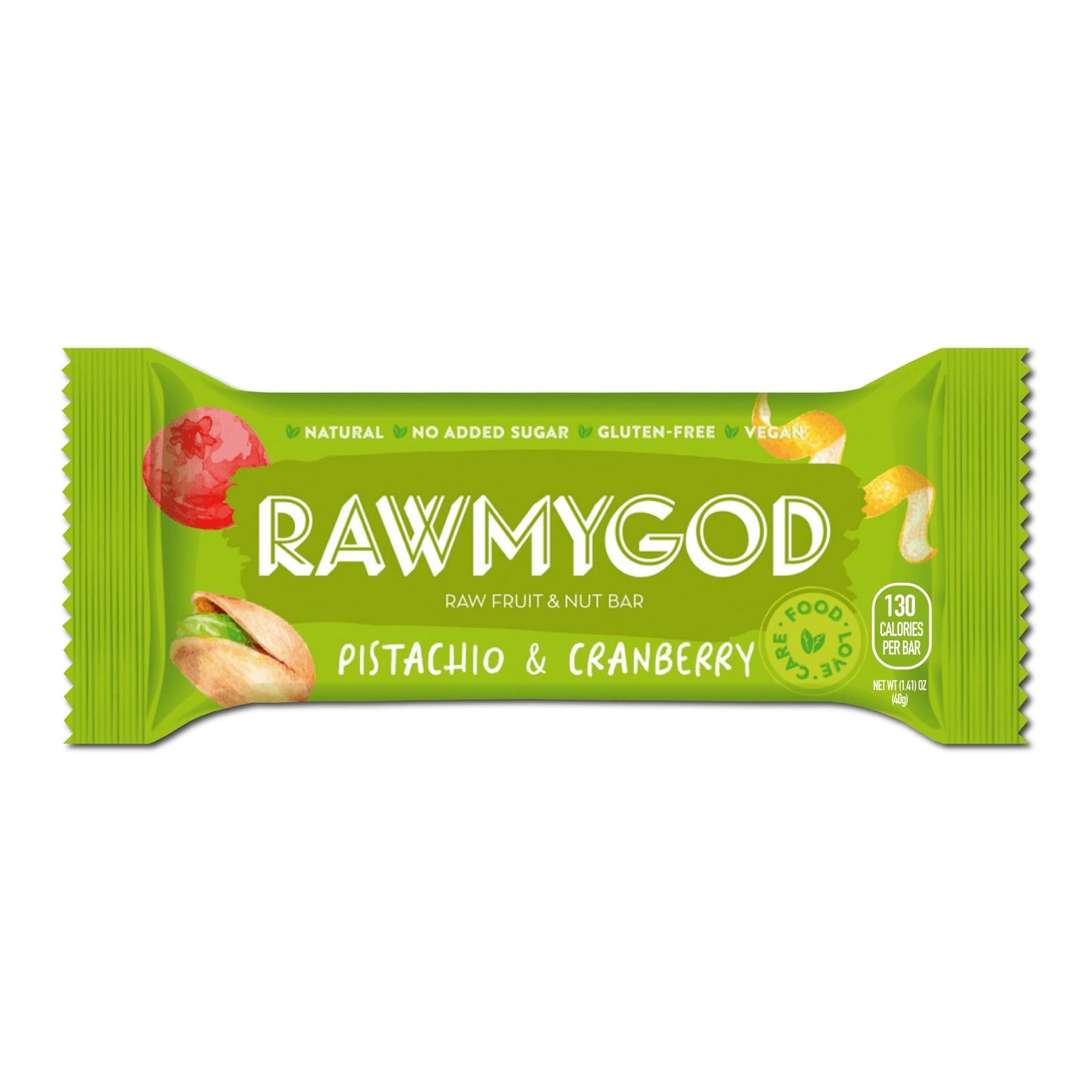 RAWMYGOD Pistachio & Cranberry Raw Fruit & Nut Bar, Box of 16 - Vegan America
