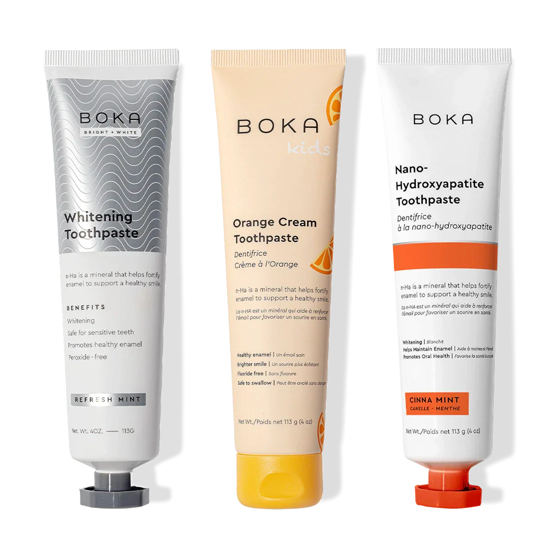 Boka Nano (n-Ha) Toothpaste Whitening 3 Pack: Whitening, Orange Cream Kids, and Cinna Mint flavors.