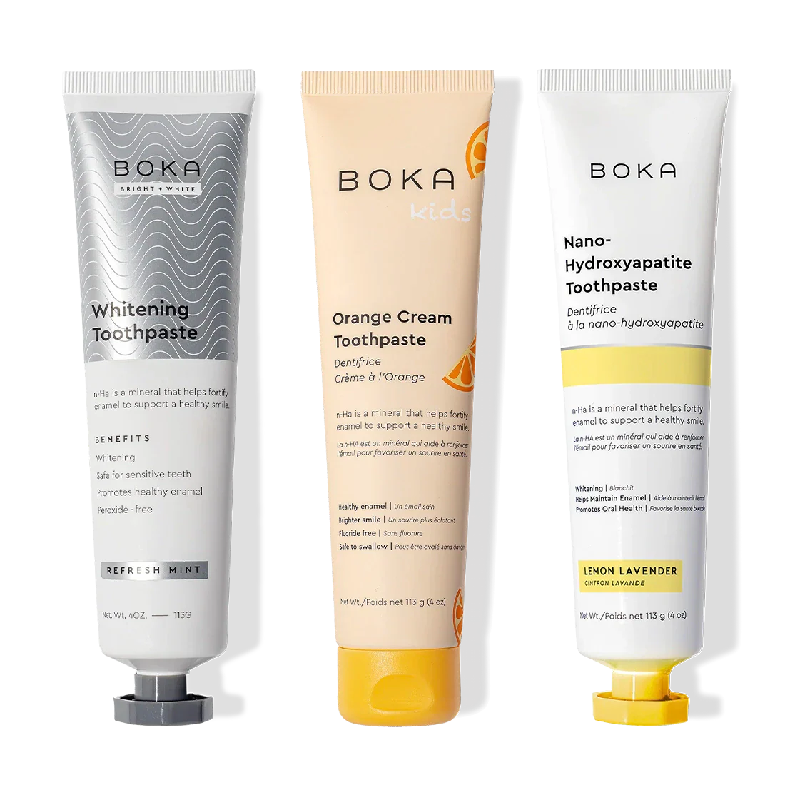Nano (n-Ha) Toothpaste Whitening 3 Pack: Refresh Mint, Orange Cream & Lemon Lavender flavors.