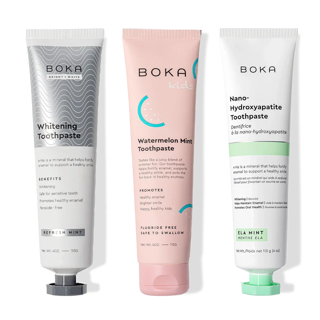 Gallery view - Three Boka Nano (n-Ha) Toothpaste Whitening 3 Pack tubes: peroxide-free and safe for kids.