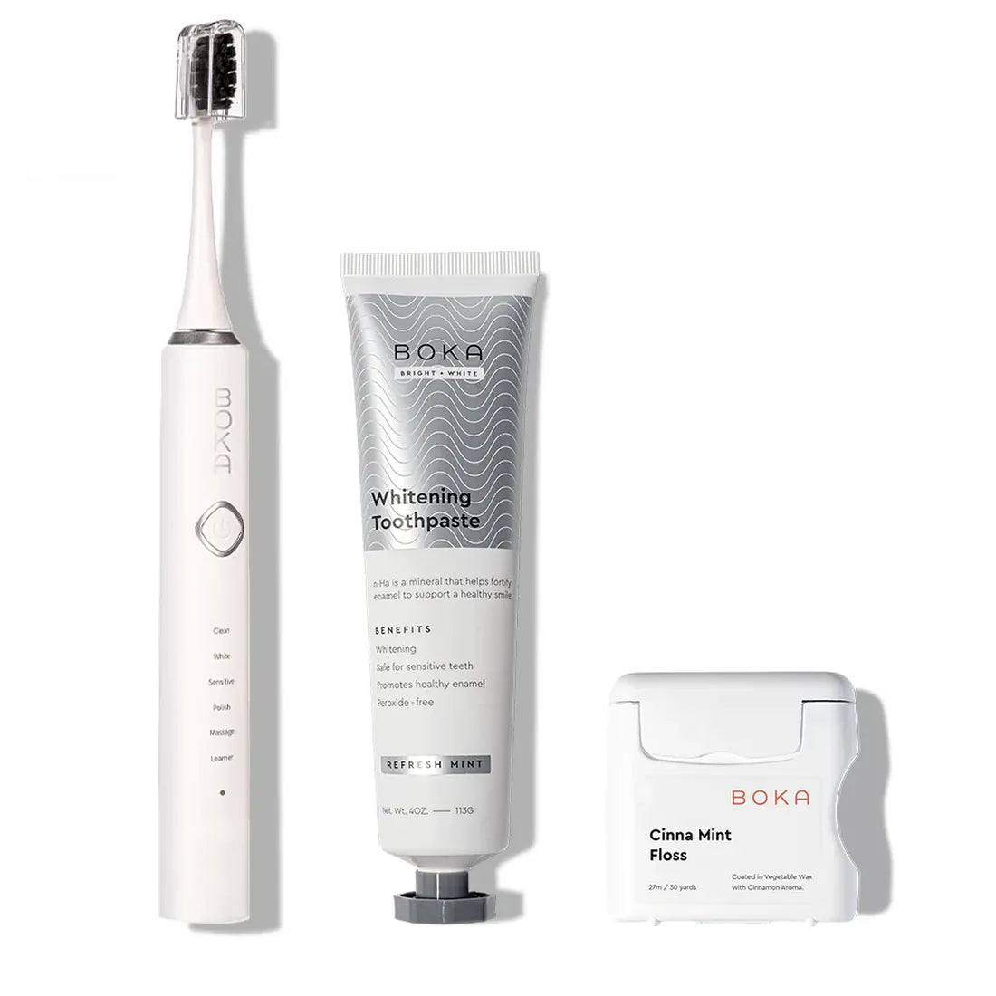 The 3.0 Boka Kit includes an electric toothbrush, whitening toothpaste, and Cinna Mint floss.