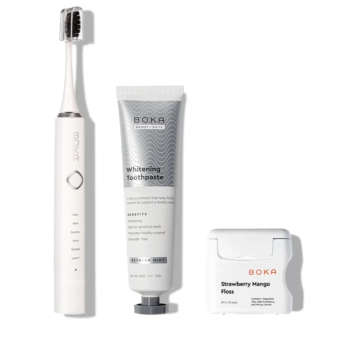 Premium oral care: 3.0 Boka Kit with whitening toothpaste and strawberry mango dental floss shown.