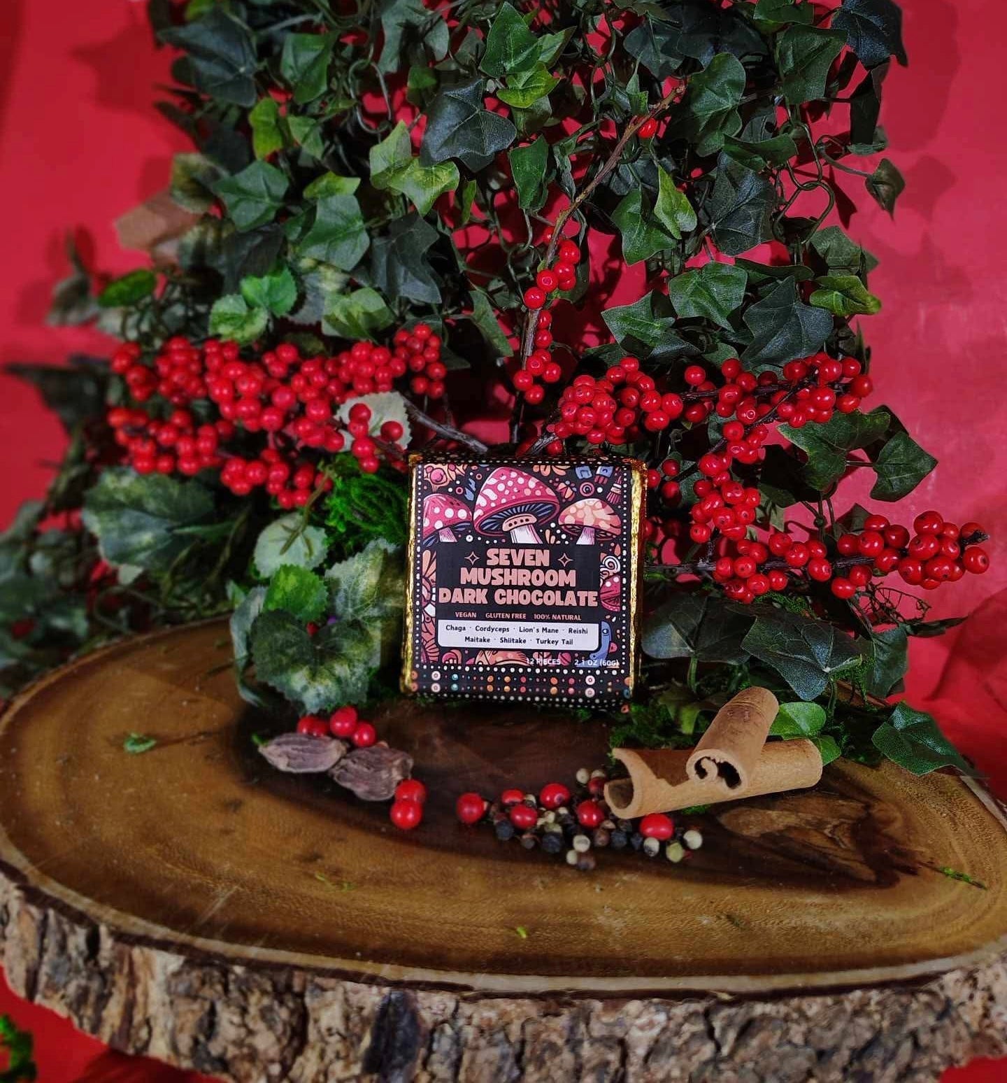 Stoffoâs 7 Mushroom Dark Chocolate Bar with Chaga, Reishi, Lionâs Mane, Turkey Tail, Cordyceps, Shiitake & Maitake - Vegan America
