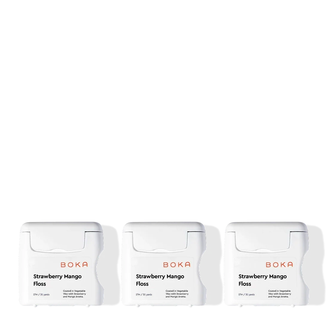 Three Boka Floss - Strawberry Mango containers, BPA-free, arranged in a row on white background.