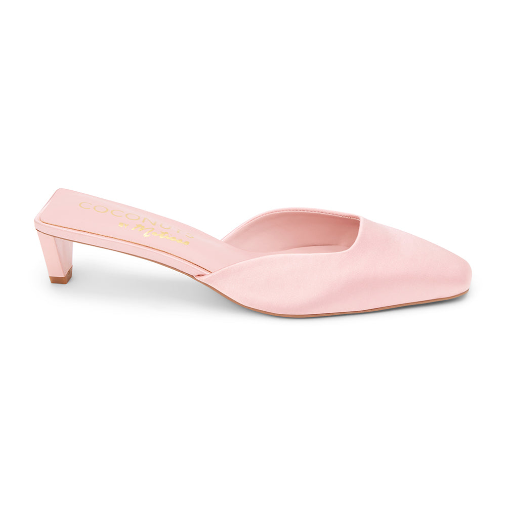 Tegan Heeled Mule - Matisse Footwear - Light pink satin mule heels with a pointed toe and sleek slip-on design. A sophisticated staple for effortless elegance and modern styling.