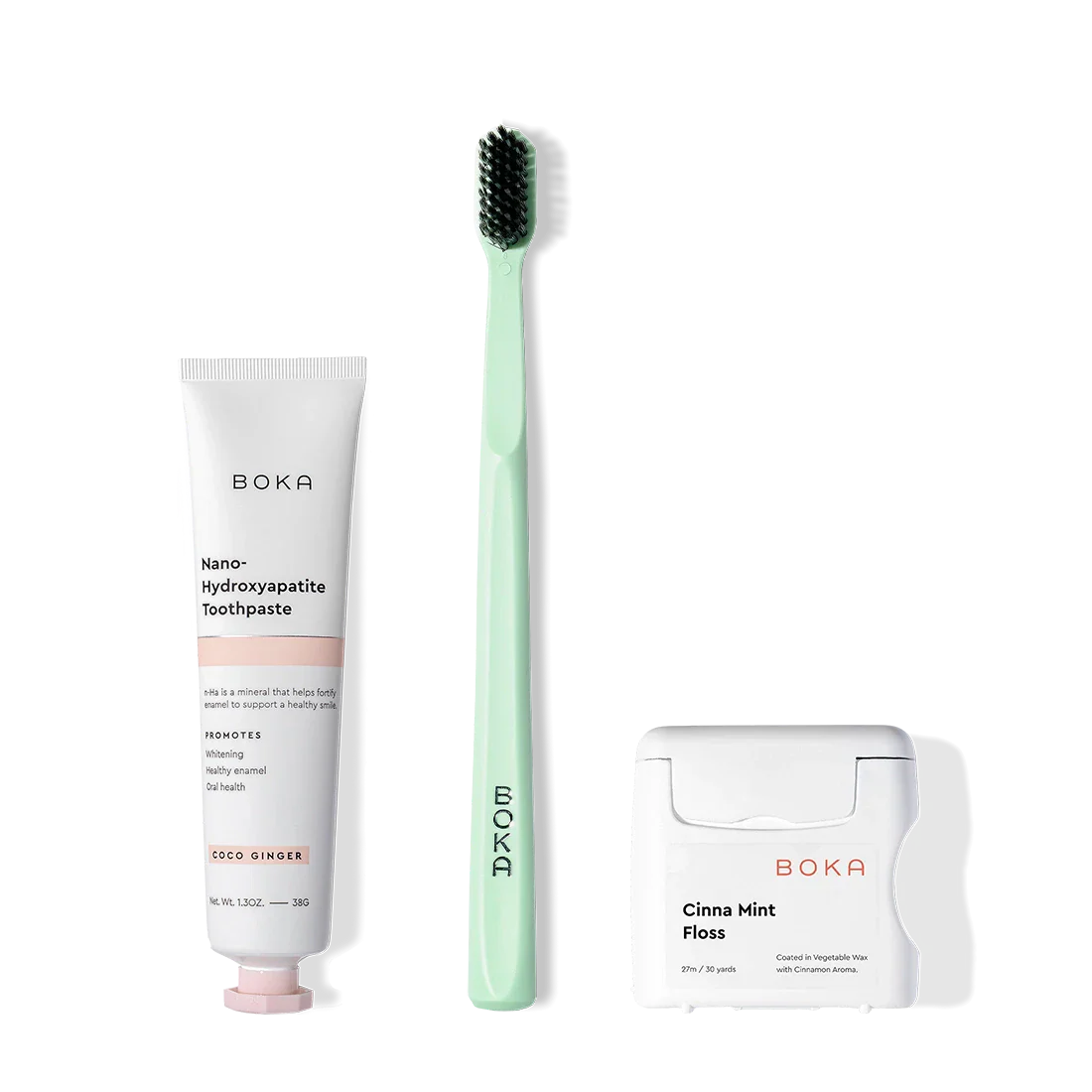 Boka Travel Kit: nano-hydroxyapatite toothpaste, charcoal toothbrush, and Teflon-free floss displayed.