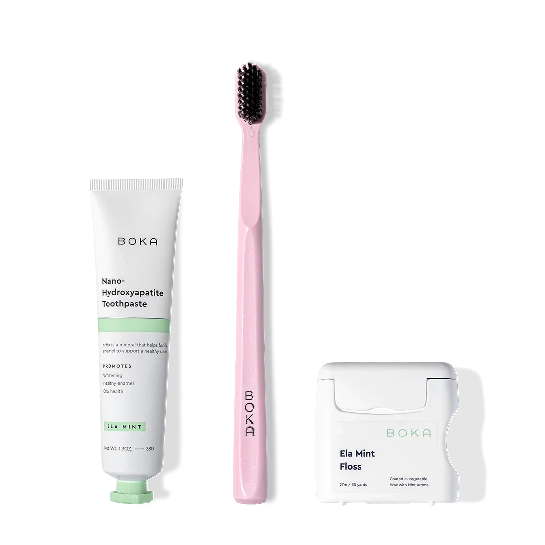 The Travel Kit includes nano-hydroxyapatite toothpaste, a charcoal toothbrush, and teflon-free floss.