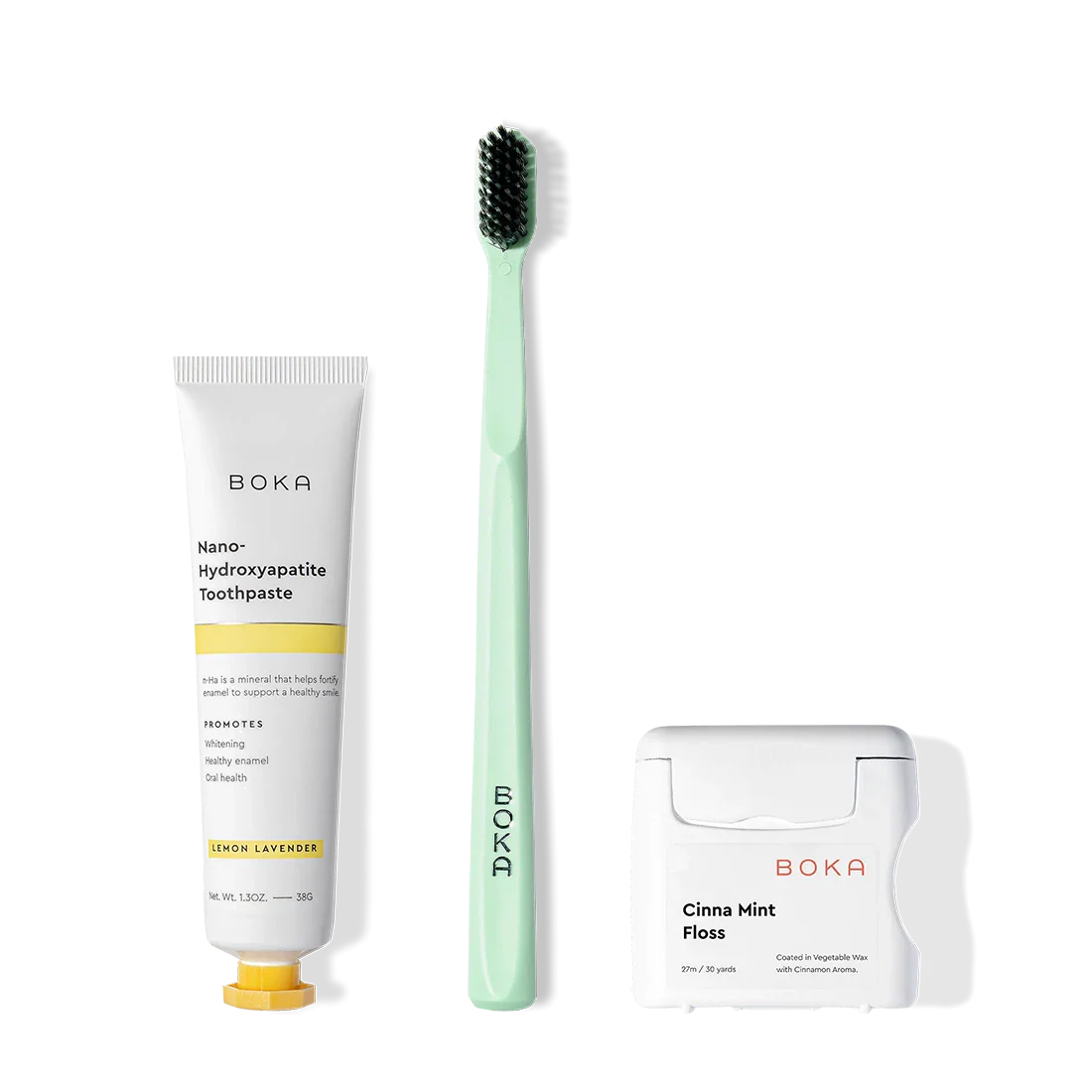 Boka Travel Kit: includes nano-hydroxyapatite toothpaste, charcoal toothbrush, and teflon-free floss.