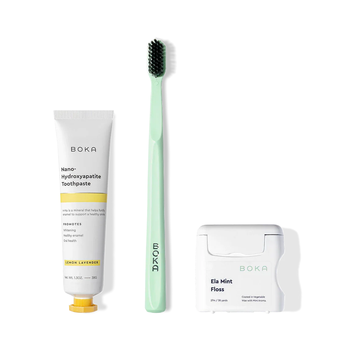 The Travel Kit includes toothpaste, an activated charcoal toothbrush, and teflon-free floss.