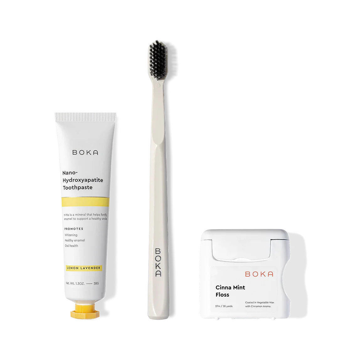 Travel Kit includes Boka toothpaste, charcoal-bristle toothbrush, and teflon-free floss.