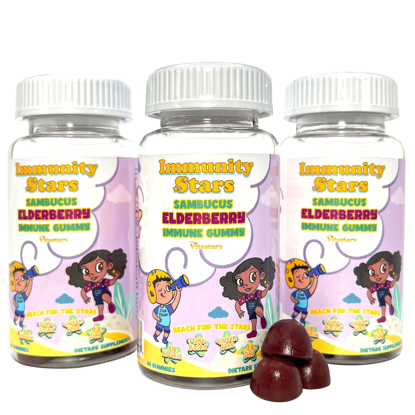Immunity Stars Elderberry Gummies with Vitamin C and Zinc, Sambucus Elderberry Family Immune Boost Gummies, 30 Gummies Delicious Defense for Kids and Adults - Vegan America