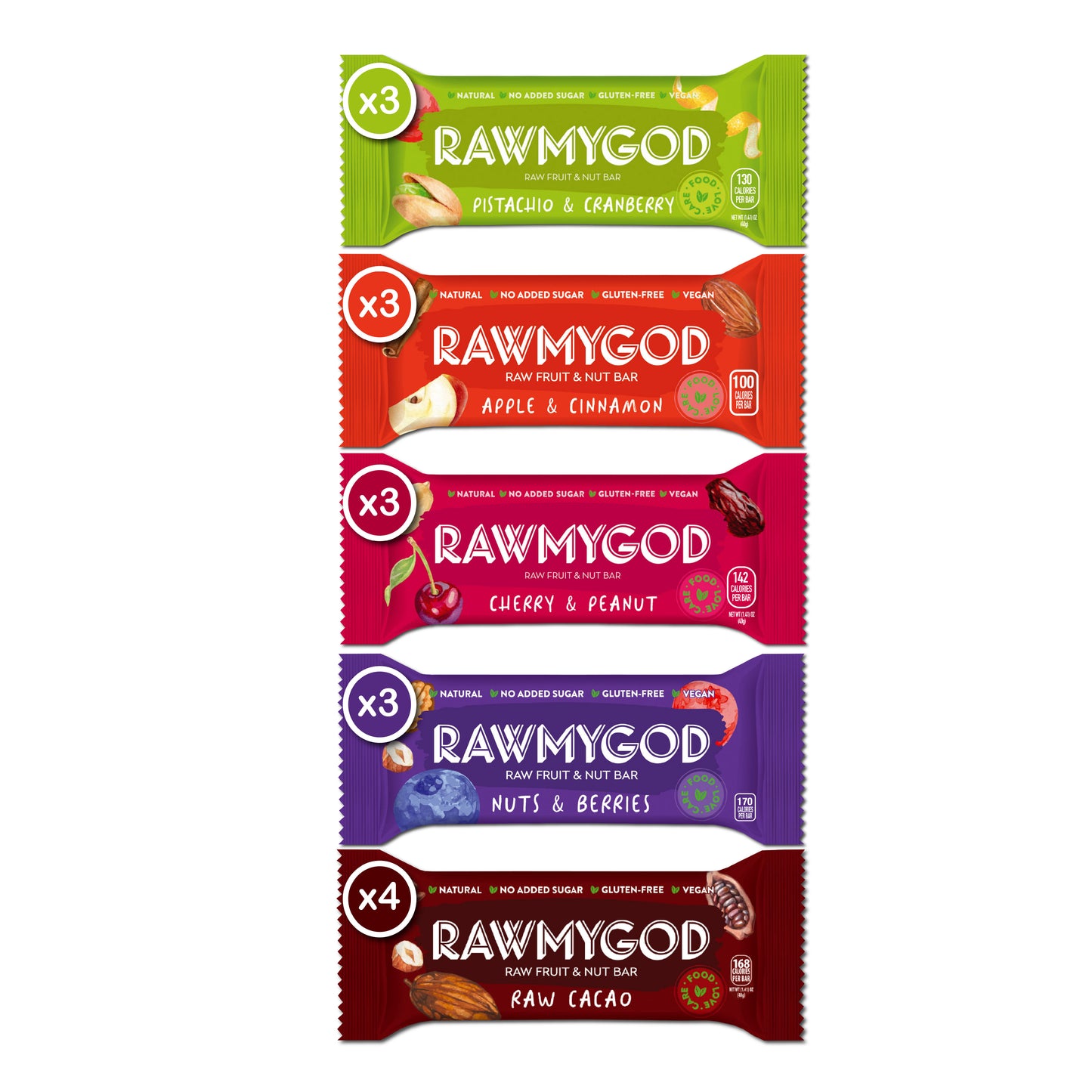 RAWMYGOD Variety Pack I- 4 Raw Cacao, 3 Apple & Cinnamon, 3 Nuts & Berries, 3 Cherry & Peanut, 3 Pistachio & Cranberry- 16 pack