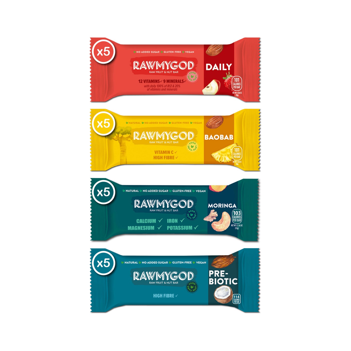 RAWMYGOD Vitality Pack - 5 Prebiotic, 5 Moringa, 5 Baobab, 5 Daily - 20 pack