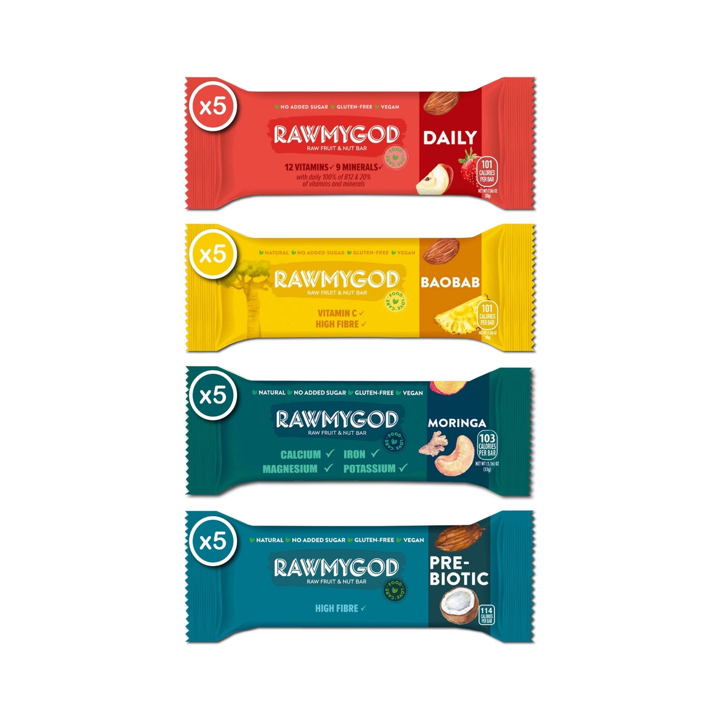 RAWMYGOD Vitality Pack - 5 Prebiotic, 5 Moringa, 5 Baobab, 5 Daily - 20 pack - Vegan America