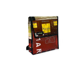 backpack XS publicity banner & yellow and brown coffee packages - Vegan America