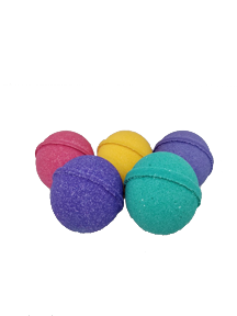 Round Bath Bombs shown in Red, yellow, purple, and green