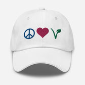 Peace, Love, Vegan Hat / Cap With Premium Multi-color Stitched Embroidery - Vegan America